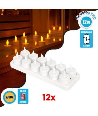 GloboStar® 79565 ΣΕΤ 12 Διακοσμητικών Realistic Κεριών με LED Εφέ Κινούμενης Φλόγας - με Ενσωματωμένη Μπαταρία - Επαναφορτιζόμενα & Βάση Φόρτισης Θερμό Λευκό 2700K